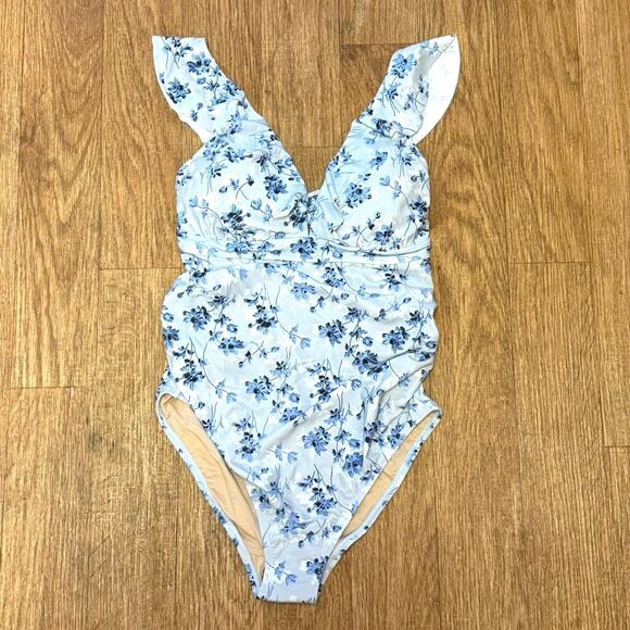 A Pea in the Pod Maternity Blue Floral Ruffle One-Piece Swimsuit Size Small - Picture 4 of 14
